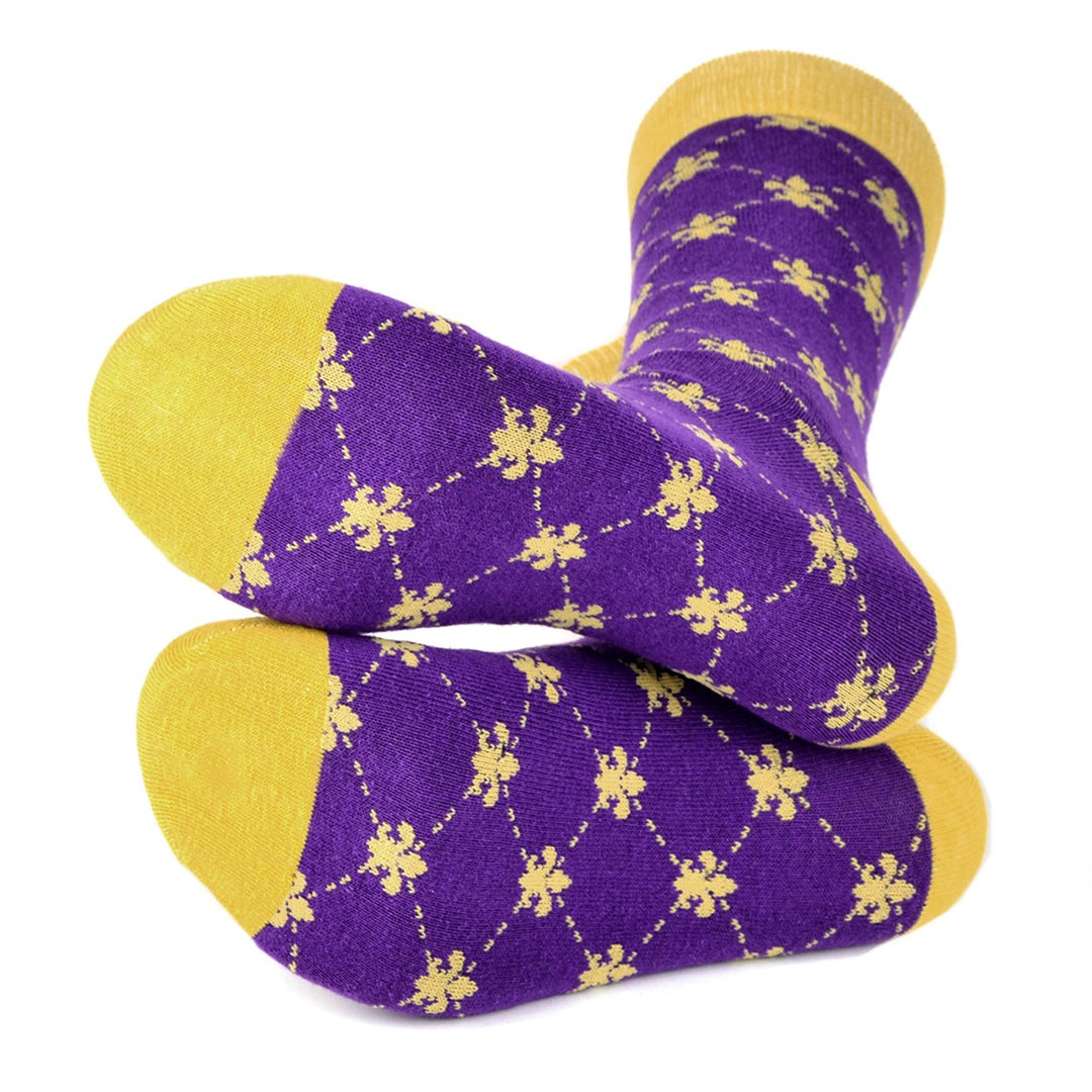 Mens Cotton Fleur-de-lis Novelty Socks Purple and Yellow Mardi Gras Party Socks Image 3