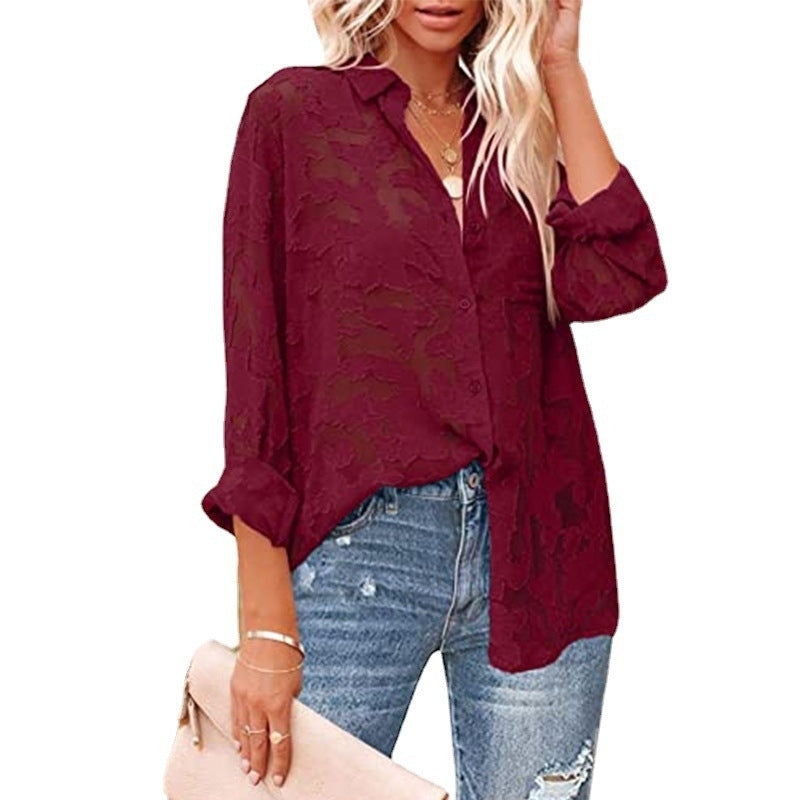 Lace Shirt Collar Casual Shirts and Tops Image 9