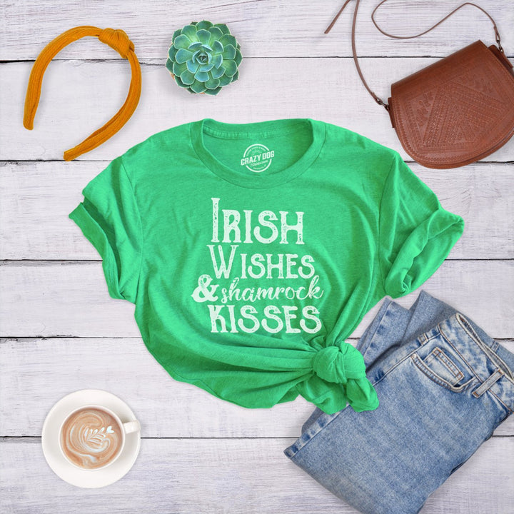 Womens Irish Wishes And Shamrock Kisses T Shirt Funny St Saint Patricks Day Tee Image 4