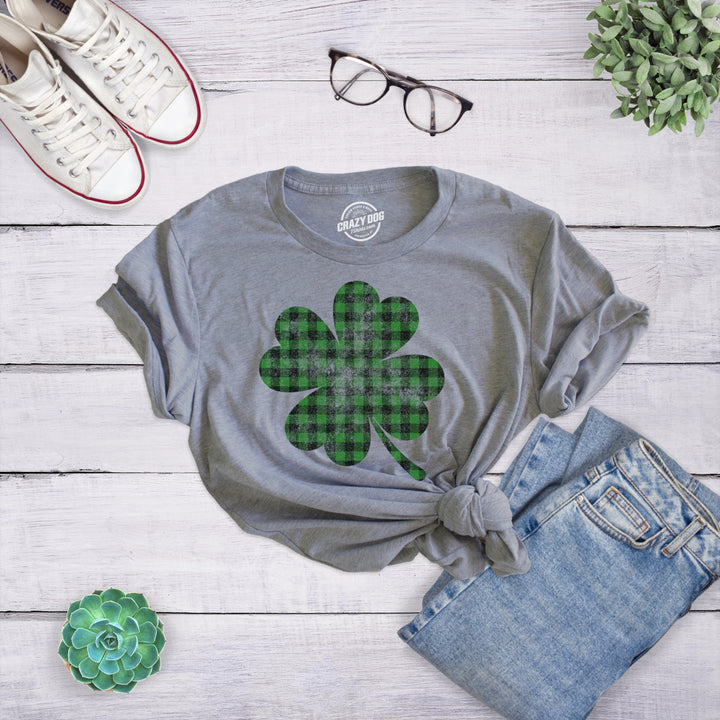 Womens Buffalo Plaid Shamrock T Shirt Funny Saint Patricks Day Lucky Irish Tee Image 4