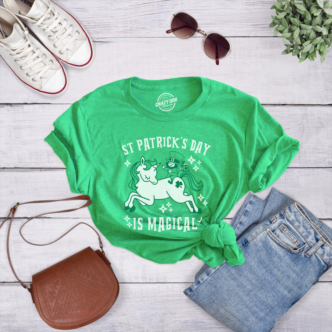 Womens Saint Patricks Day Is Magical T Shirt St Funny Leprechaun Unicorn Shirt Image 4