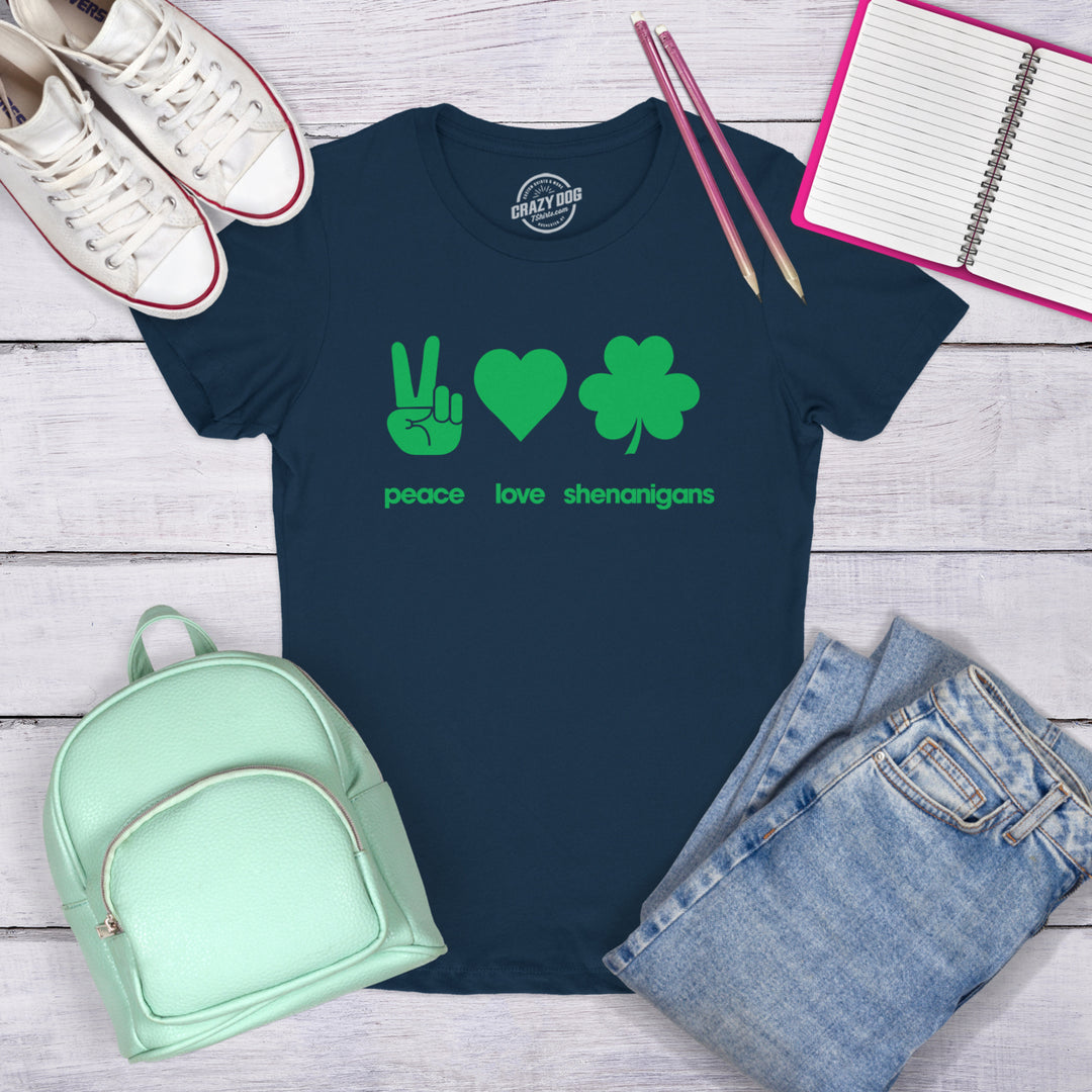 Womens Peace Love Shenanigans T Shirt Funny Novelty Patty Saint Patricks Day Tee Image 4