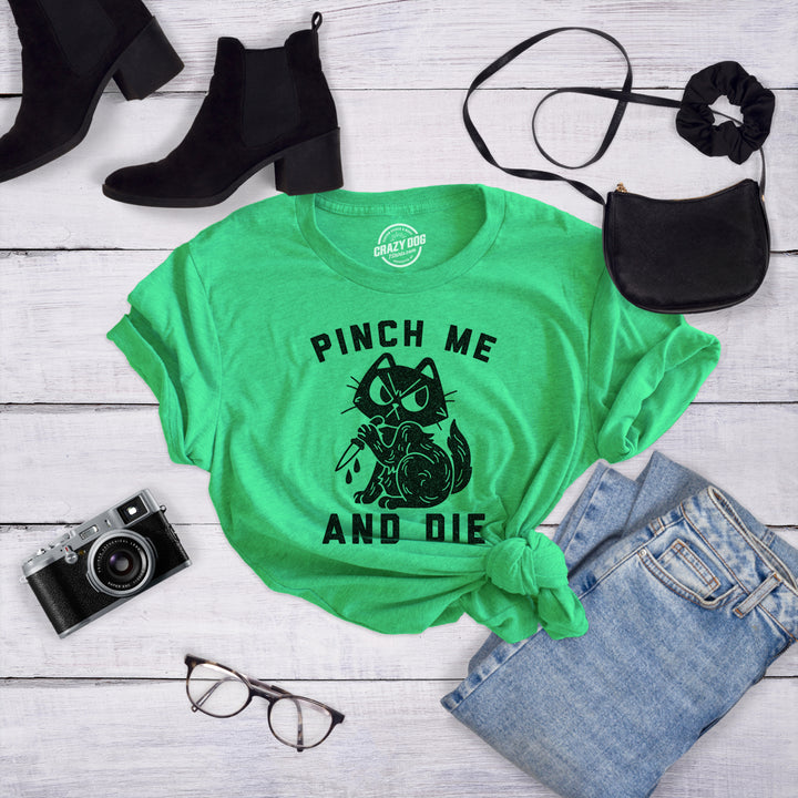 Womens Pinch Me And Die T Shirt Funny Cat Saint Patricks Day T Shirt Sarcastic Image 4