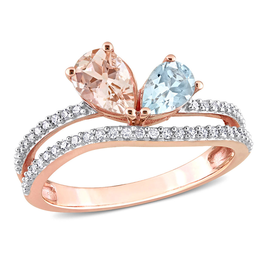 1.15 Carat (ctw) Morganite and Aquamarine Ring in 10K Rose Gold with Diamonds Image 1
