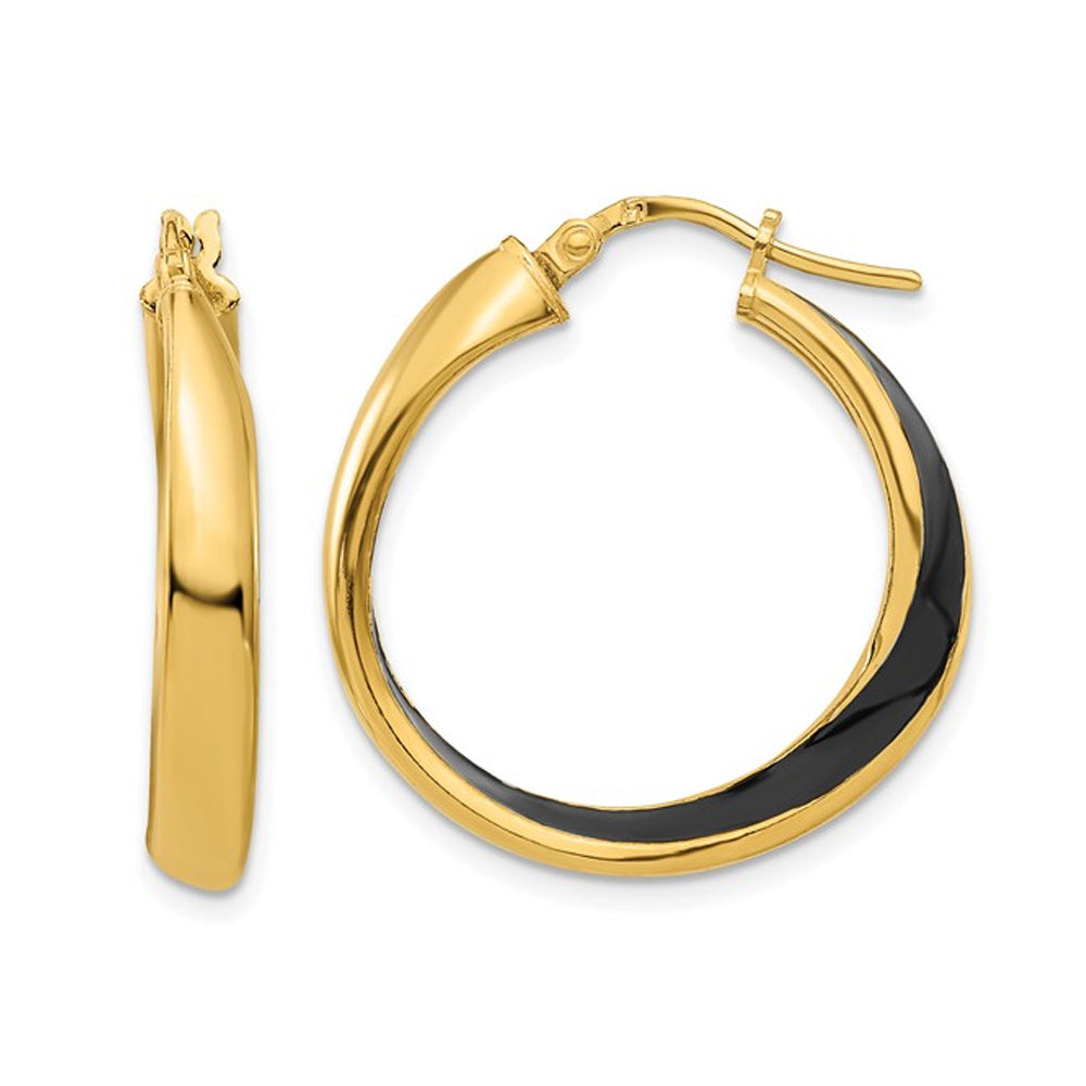 Sterling Silver Yellow Plated Hoop Earrings with Black Enamel 1 Inch (3.50 mm Thick) Image 1