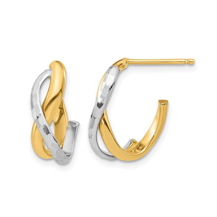 14K Yellow and White Gold Polished J-Hoop Earrings Image 1
