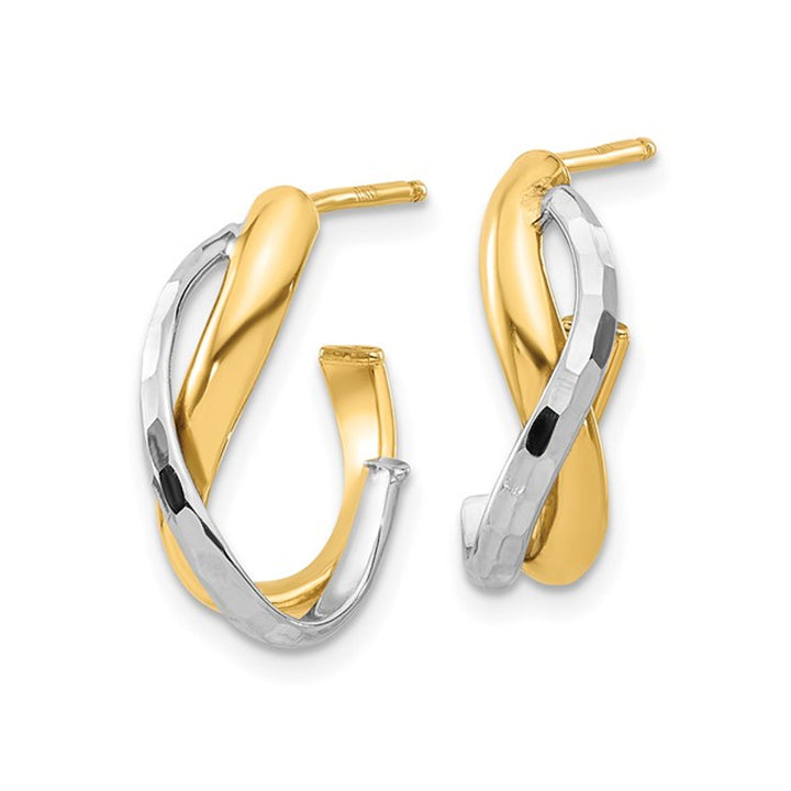 14K Yellow and White Gold Polished J-Hoop Earrings Image 4