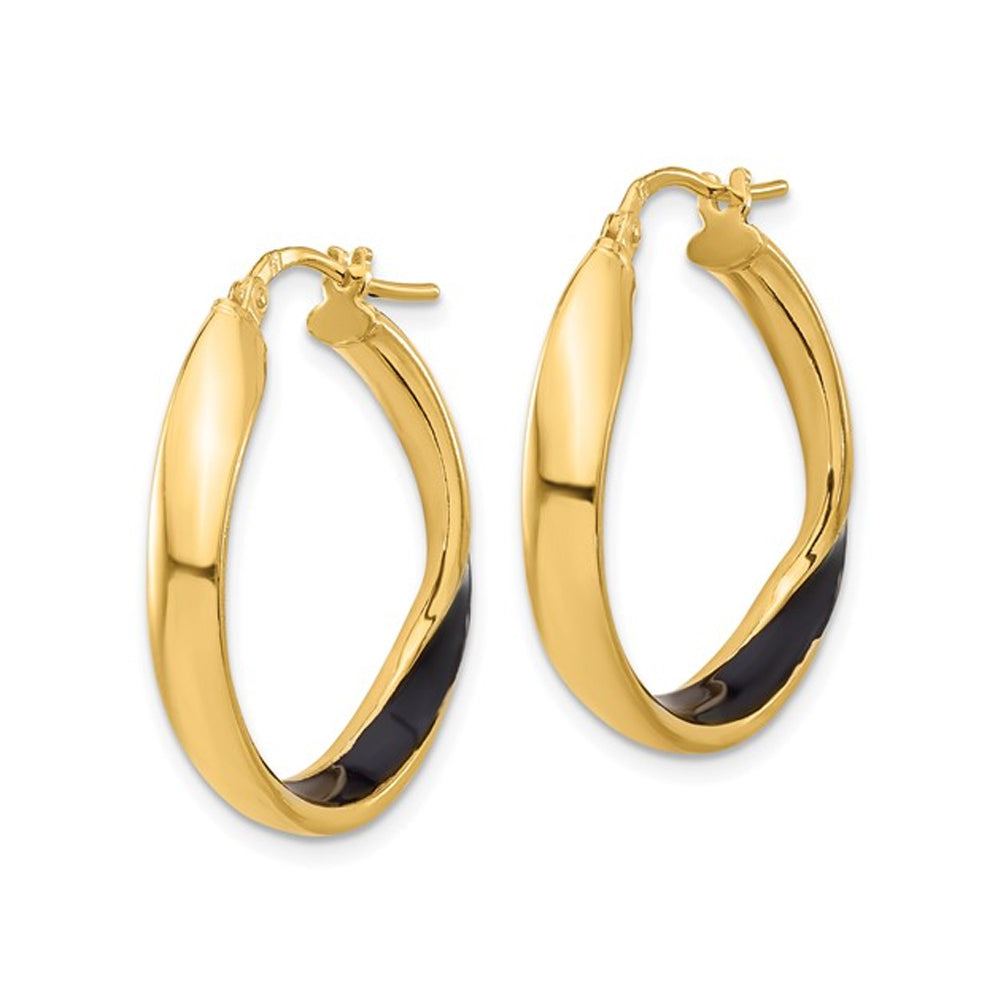 Sterling Silver Yellow Plated Hoop Earrings with Black Enamel 1 Inch (3.50 mm Thick) Image 2