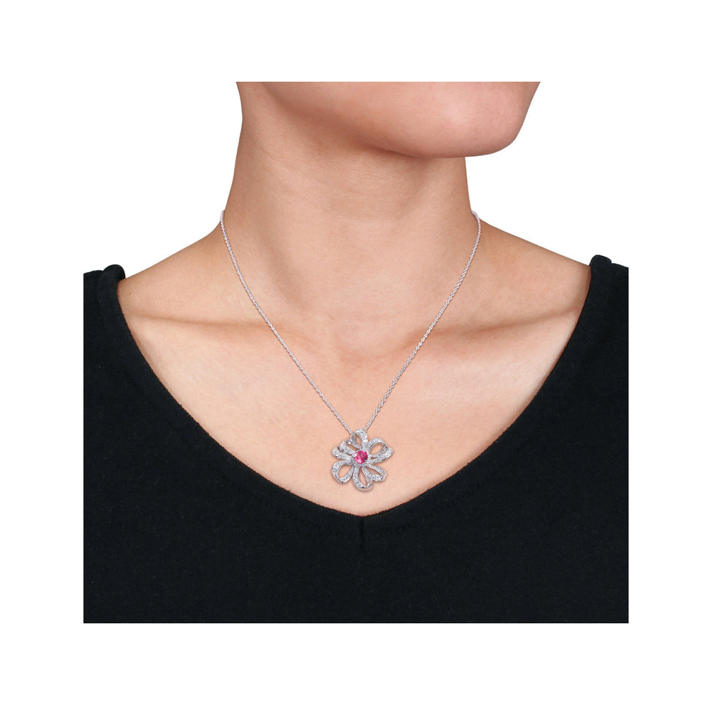 2.30 Carat (ctw) Pink Topaz and White Topaz Flower Pendant Necklace in Sterling Silver with Chain Image 2
