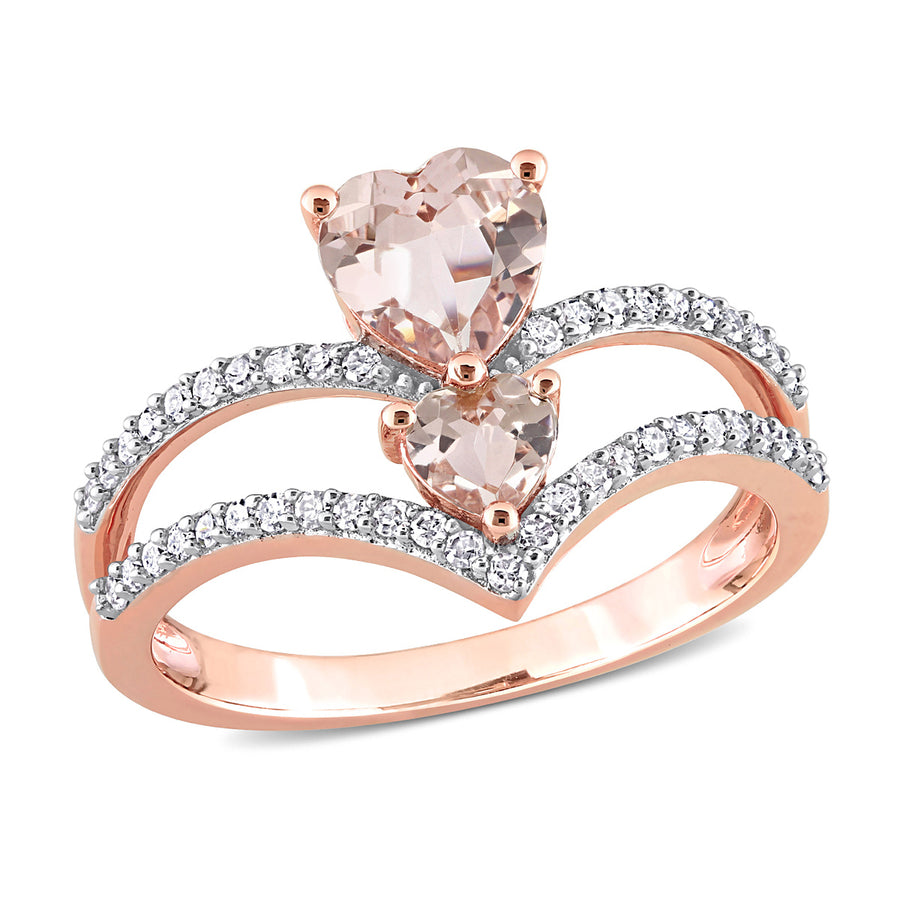 7/8 Carat (ctw) Morganite Double Heart Ring in 10K Rose Pink Gold with Diamonds Image 1