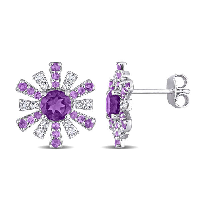 1.75 Carat (ctw) African Amethyst and White Topaz Starburst Earrings in Sterling Silver Image 1