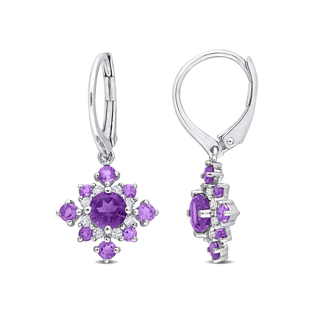 2.05 Carat (ctw) African Amethyst and White Topaz Cluster Dangle Earrings in Sterling Silver Image 1