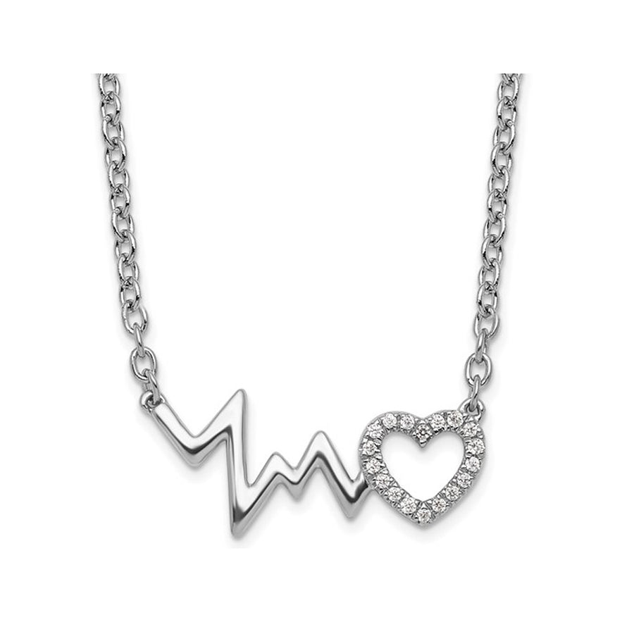 Heart and Heartbeat Necklace Pendant in Sterling Silver with Chain and Accent Diamonds Image 1