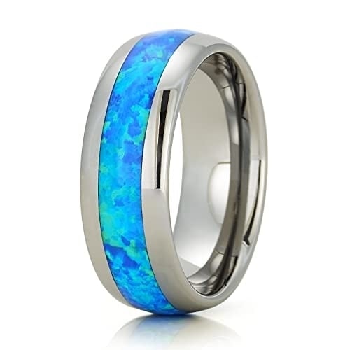 8mm Tungsten Wedding,Opal Wedding Ring,Tungsten Carbide Ring,Blue Opal Wedding Ring,Anniversary Ring,Engagement Ring Image 1