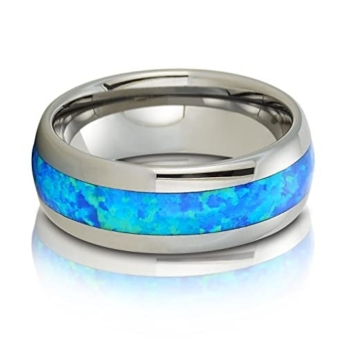8mm Tungsten Wedding,Opal Wedding Ring,Tungsten Carbide Ring,Blue Opal Wedding Ring,Anniversary Ring,Engagement Ring Image 2