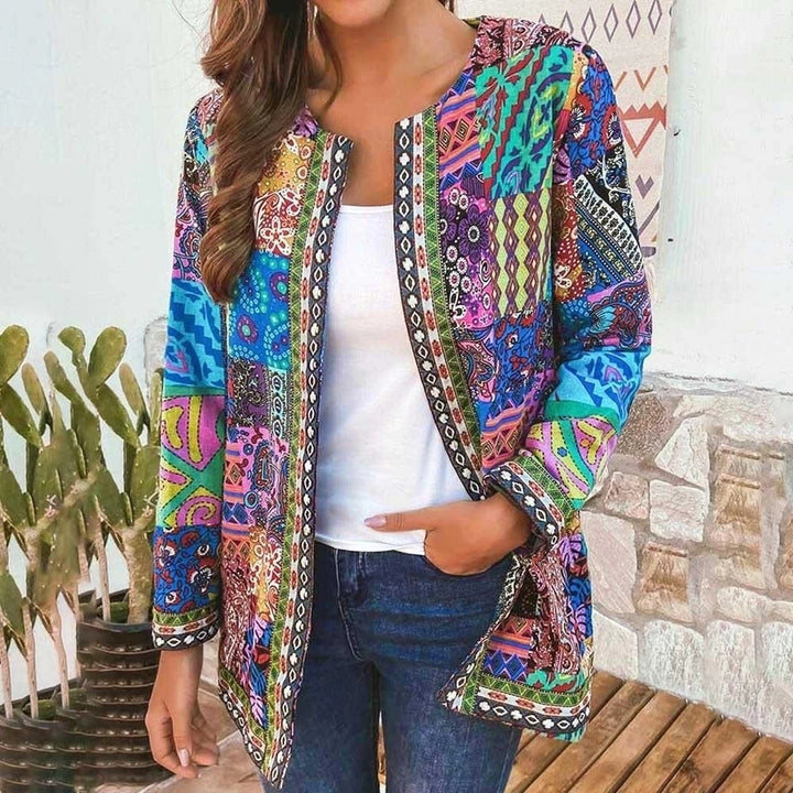 Women Fashion Summer Autumn Ethnic Floral Print Long Sleeve Loose Jacket Coat Cardigan Loose Outerwear Chic Top Image 1