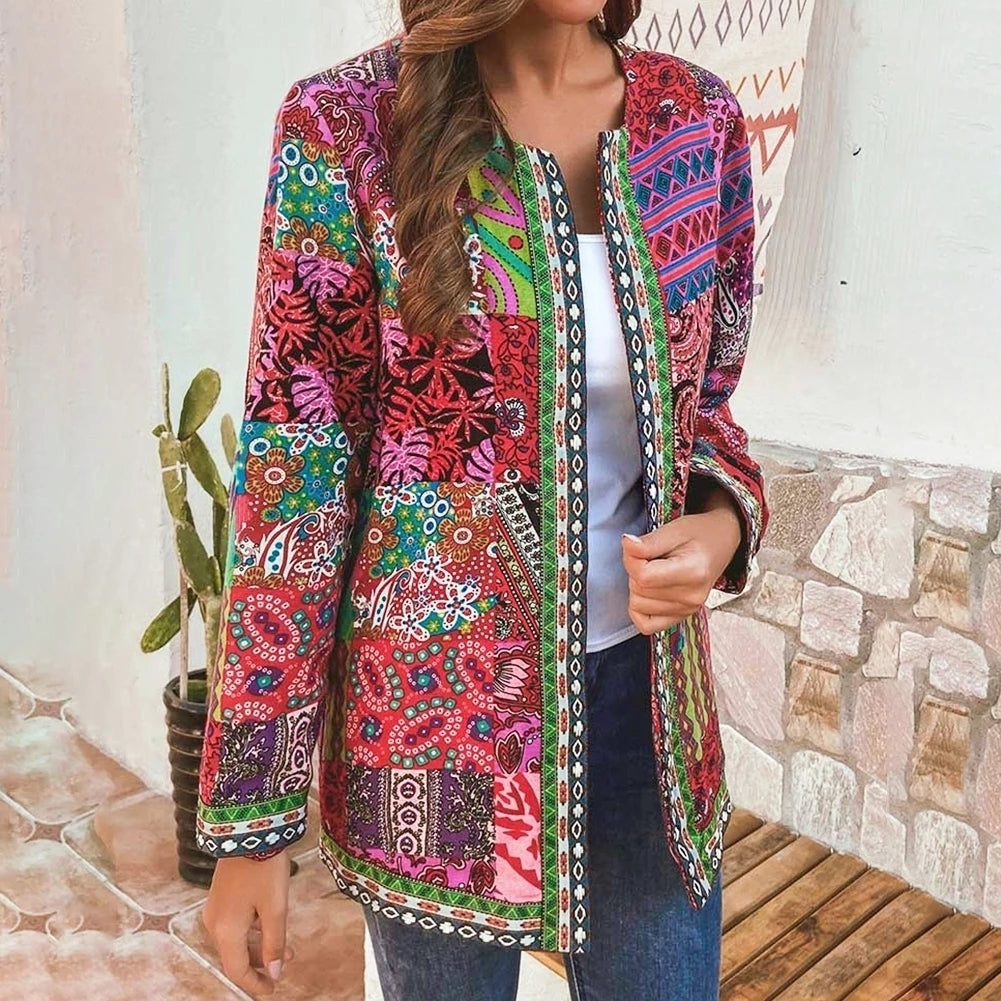 Women Fashion Summer Autumn Ethnic Floral Print Long Sleeve Loose Jacket Coat Cardigan Loose Outerwear Chic Top Image 3