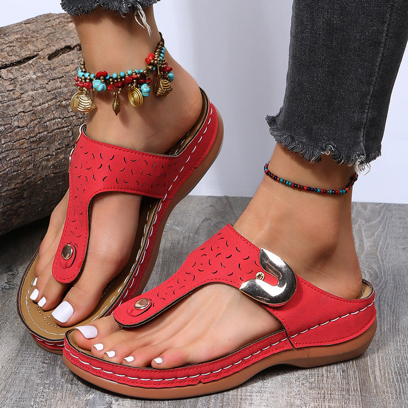 Womens Gold Buckle Punched Flip-Flops Image 1