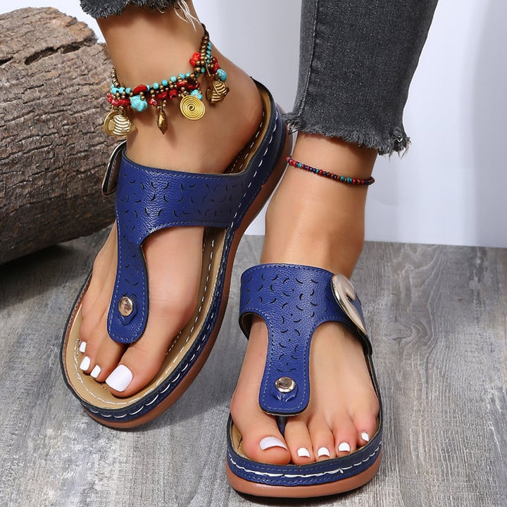 Womens Gold Buckle Punched Flip-Flops Image 1