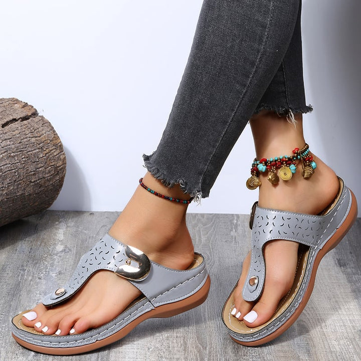 Womens Gold Buckle Punched Flip-Flops Image 1