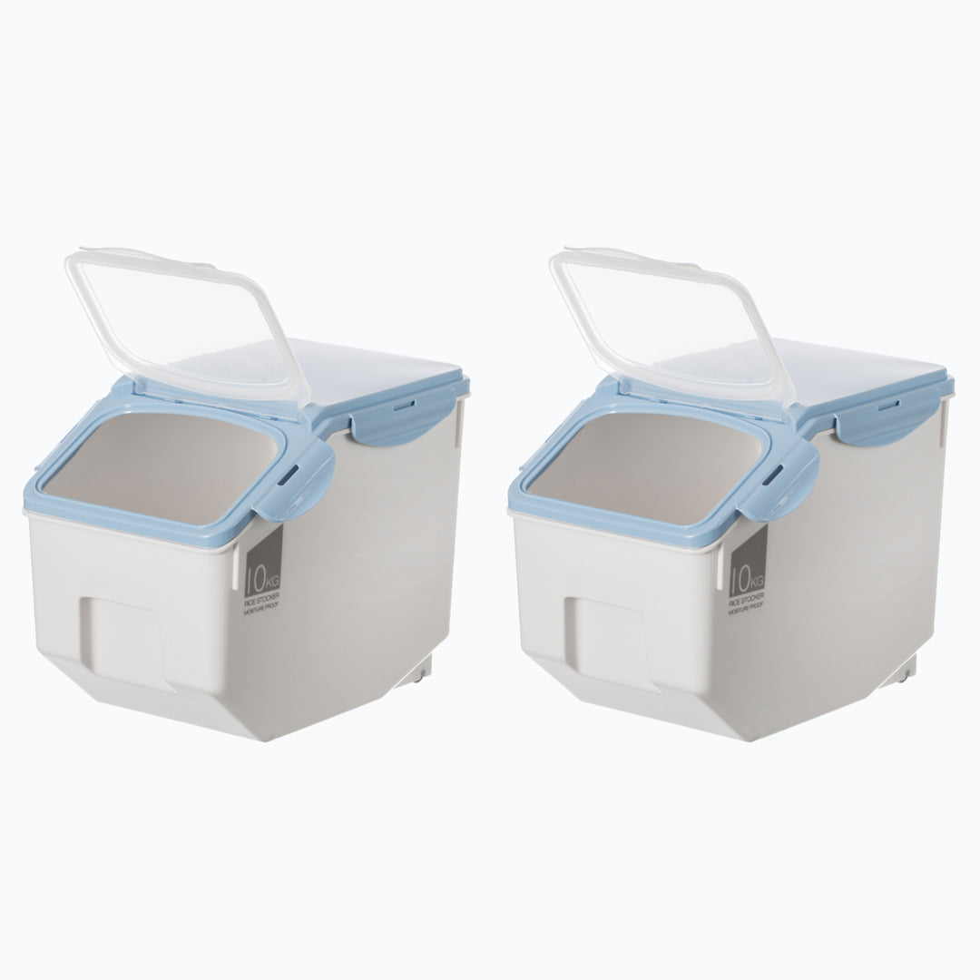 Set of 2 White Plastic Storage Food Holder Containers, with a Measuring Cup and Wheels Image 1