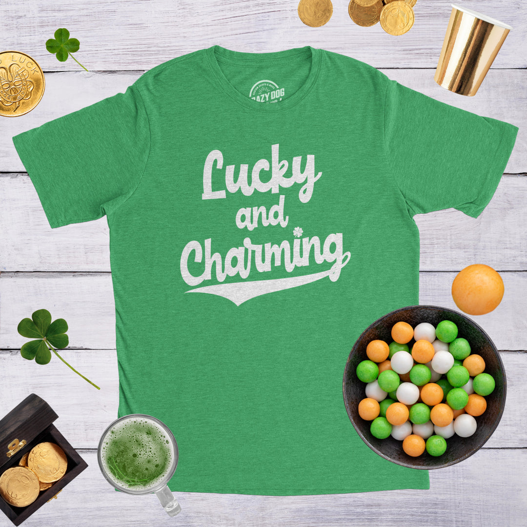 Mens Lucky And Charming T Shirt Novelty Saint Patricks Day Irish Clover Tee Image 4