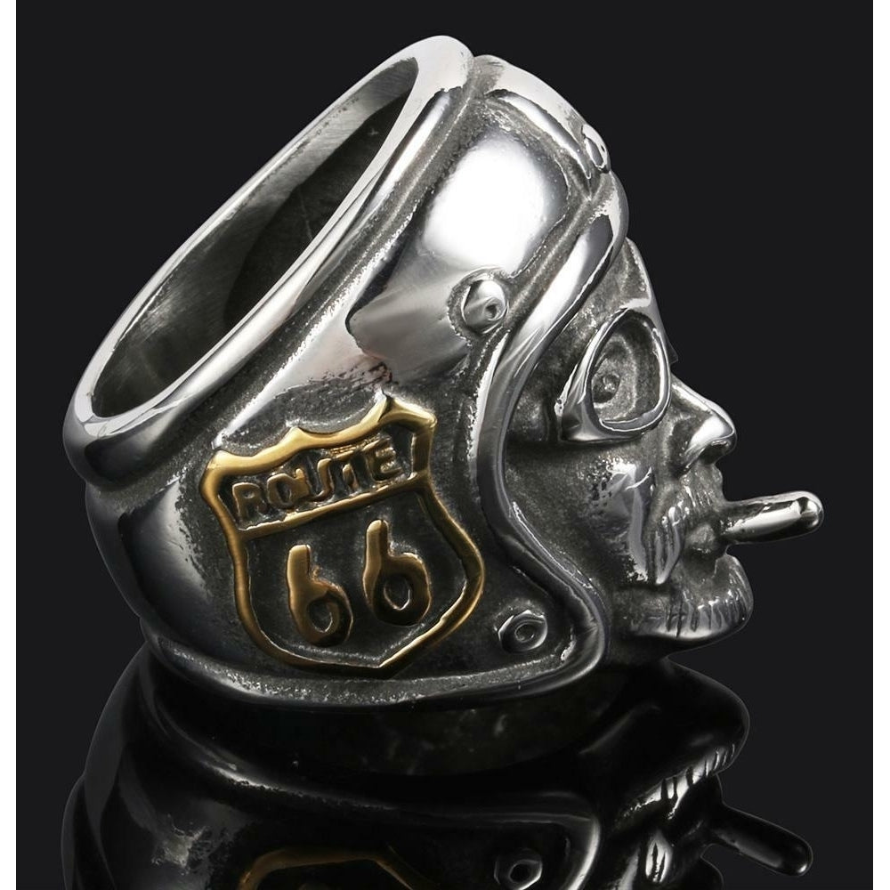 ROUTE 66 BIKERS HEAD HELMET STAINLESS STEEL RING size 9 silver metal S-529 biker Image 1