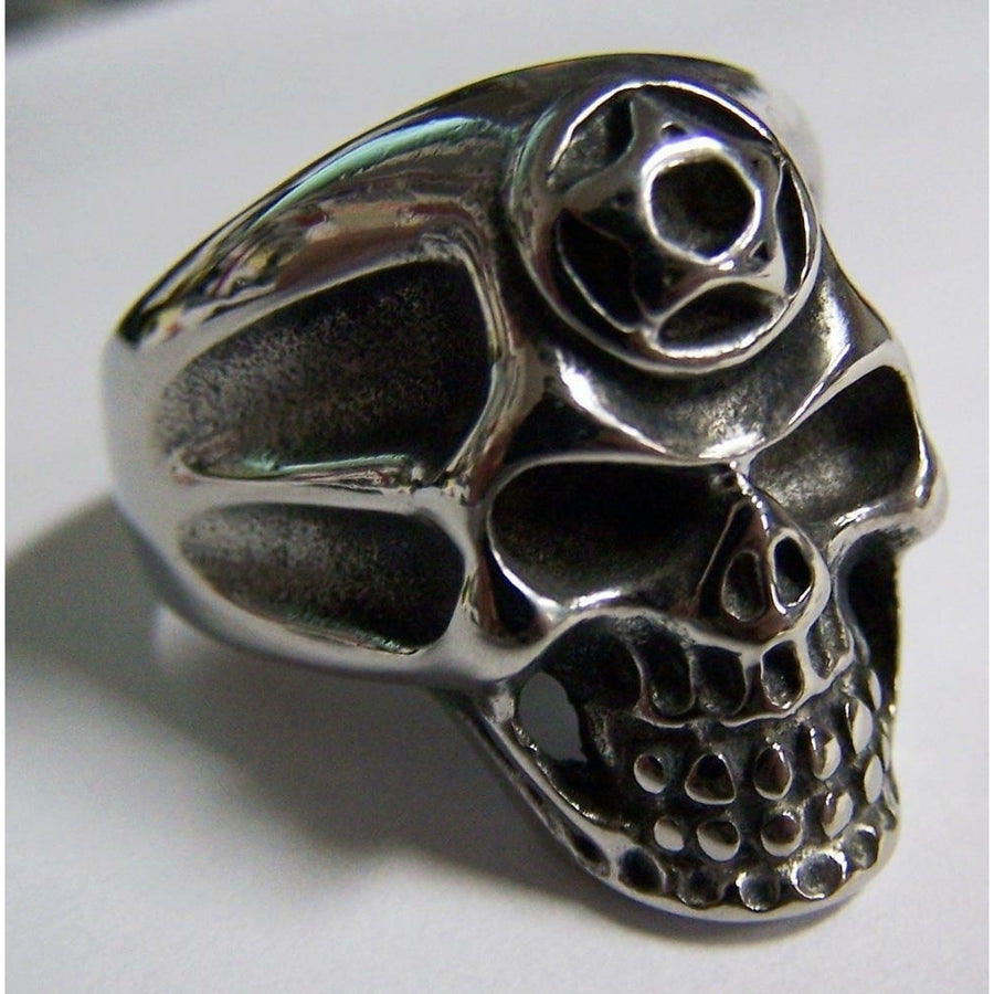 PENTAGRAM STAR SKULL HEAD STAINLESS STEEL RING size 11 silver metal S-532 biker Image 1