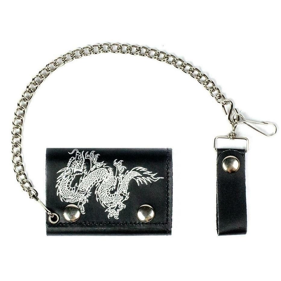 CHINESE DRAGON TRIFOLD MOTORCYCLE BIKER WALLET W CHAIN mens 534 LEATHER Image 1