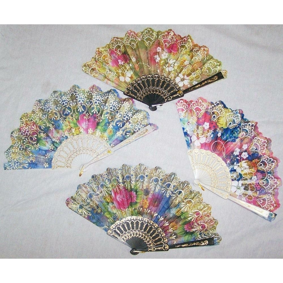 12 RAINBOW COLORS GLITTER FLOWER HAND 9 IN FANS women pocket 523 purse fan Image 1