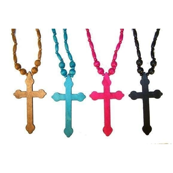 2 LG ASST COLOR WOODEN 5 IN CROSS NECKLACE car mirror decoration WOOD JEWELRY Image 1