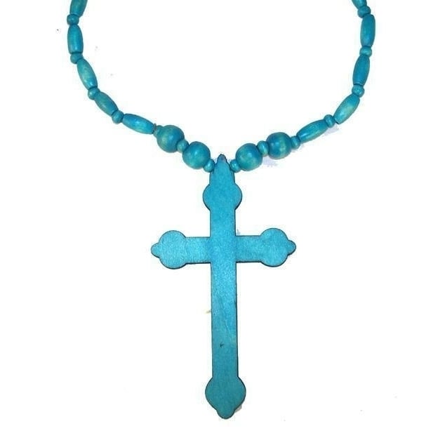 LARGE 5 INCH BLUE WOODEN CROSS NECKLACE car mirror decoration WOOD JEWELRY Image 1