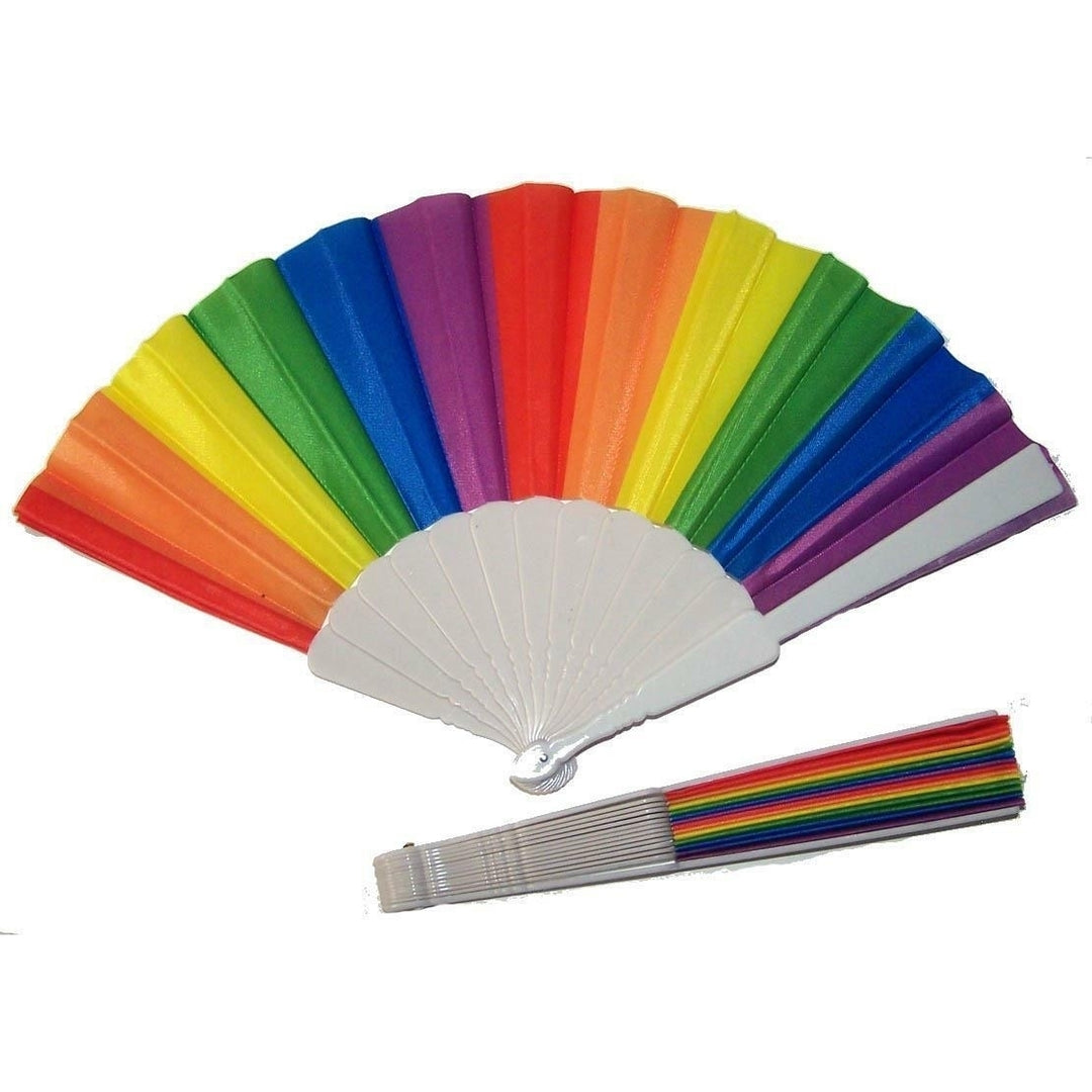 2 VERTICAL RAINBOW COLORS STRIPES HAND FANS women pocket cool purse fan Image 1