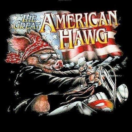 GREAT AMERICAN HAWG PIG ON MOTORCYCLE BIKER BLACK TEE SHIRT SIZE L adult T165 Image 1