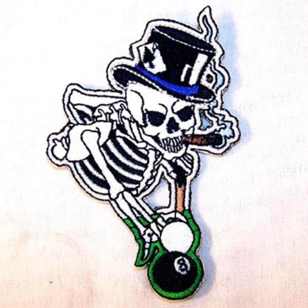 POOL SHOOTER EMBROIDERED PATCH sew iron on P357 skeleton billiards biker patches Image 1