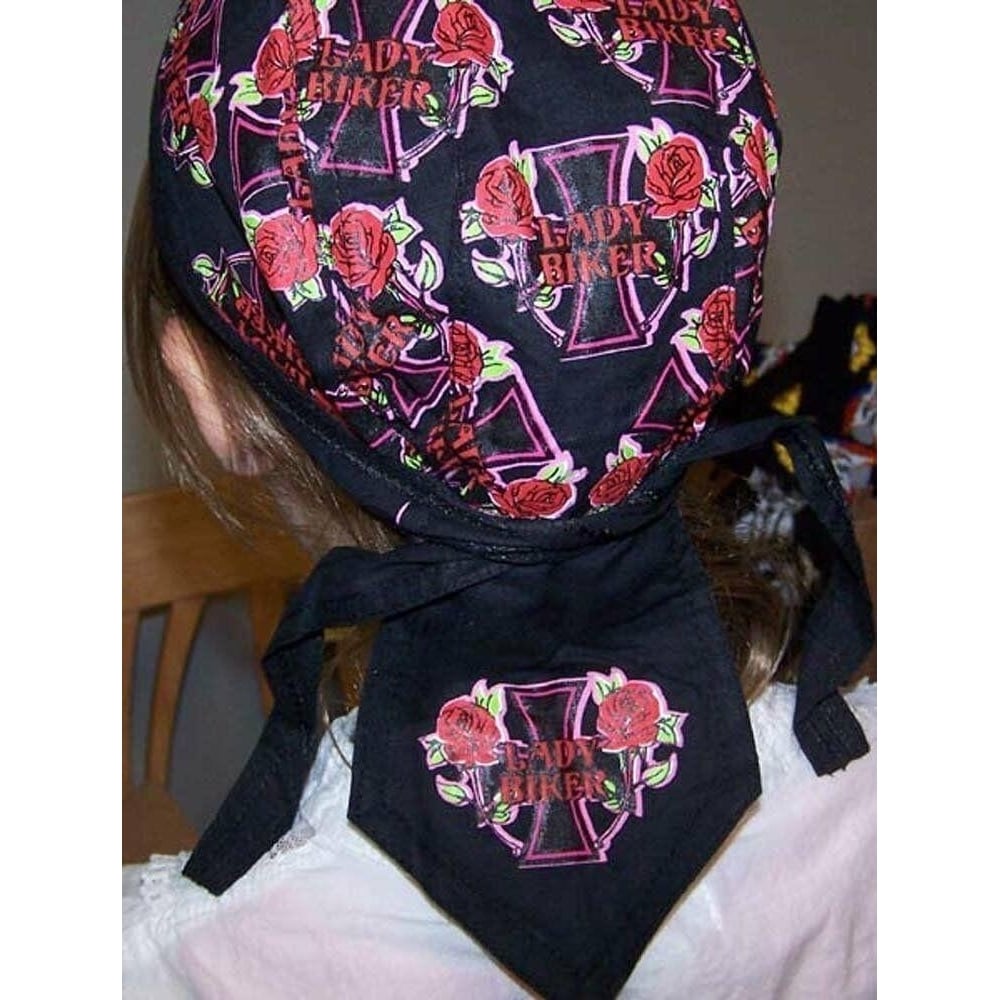 12 LADY BIKER BANDANNA CAPS 200 WOMAN hat LADIES skull cap durag roses cross Image 2