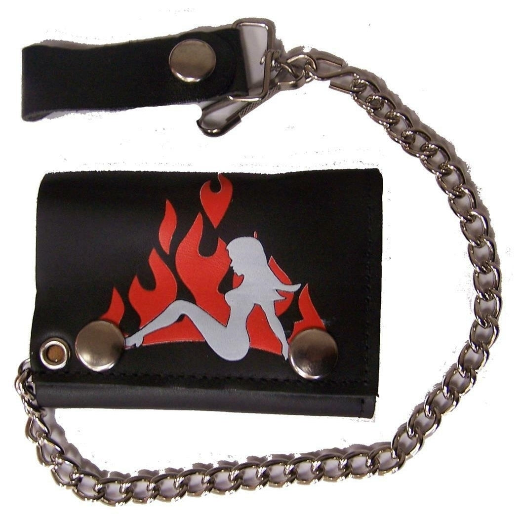 TRUCKER GIRL W FLAMES TRIFOLD BIKER WALLET W CHAIN mens LEATHER 601. Image 1