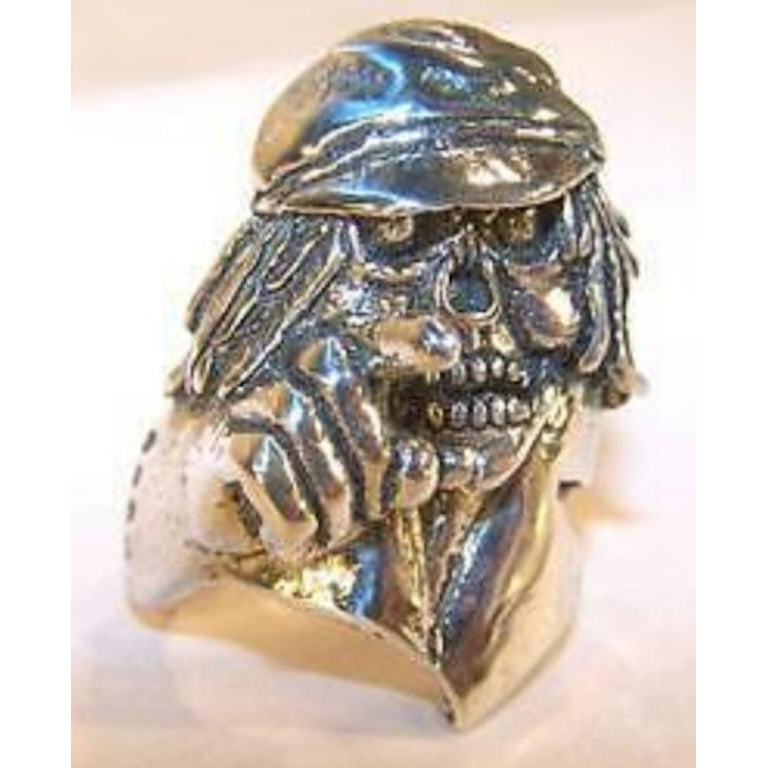 DELUXE LONG HAIR BIKER SKULL POINTING SILVER RING BR166 mens RINGS NOVELTY Image 1