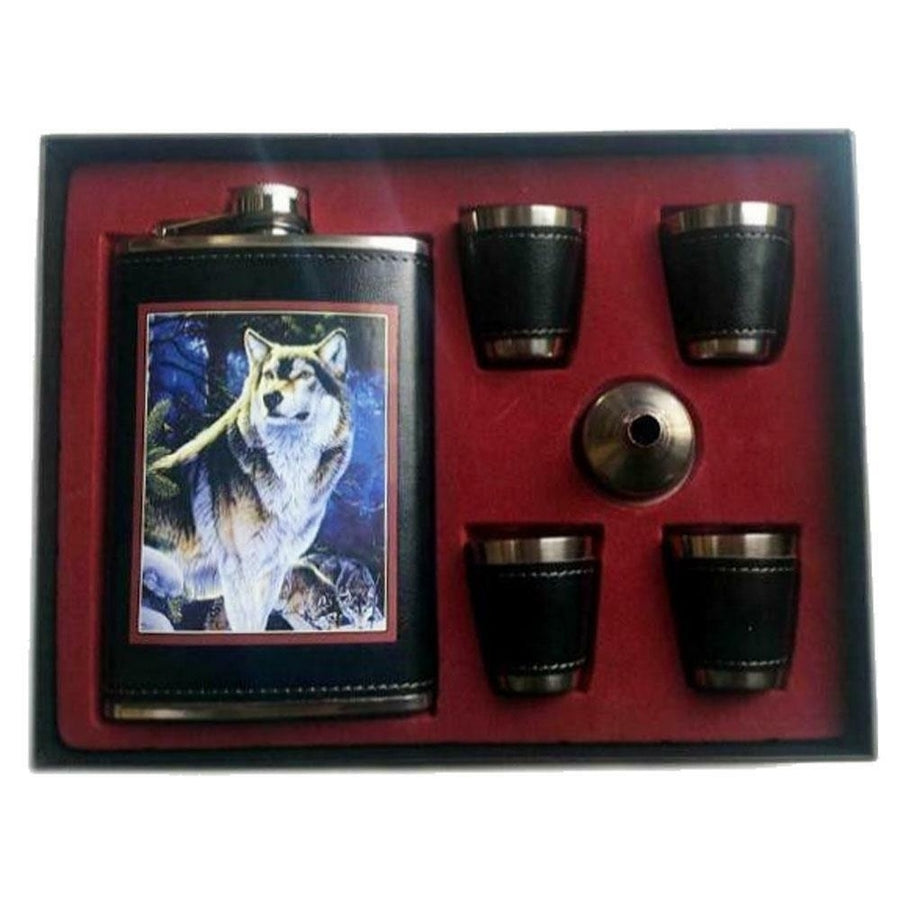 STANDING WOLF FLASK GIFT SET four shot glasses funnel DRINKING HIP GI636 LIQUOR Image 1