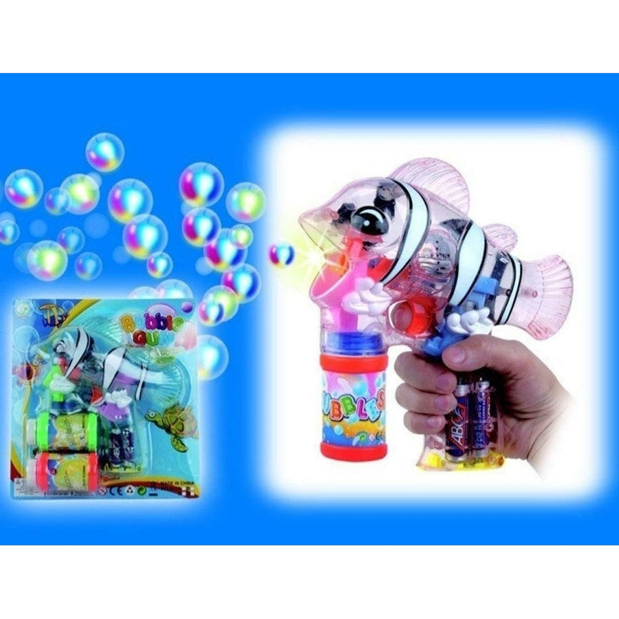 LIGHT UP SEE THROUGH CLOWN FISH BUBBLE GUN WITH SOUND toy bottle maker machine Image 1