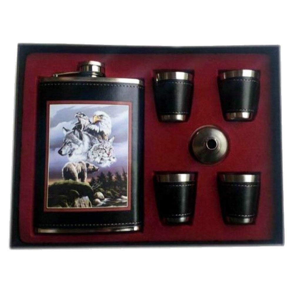 WILD ANIMALS FLASK GIFT SET four shot glasses funnel DRINKING HIP GI639 LIQUOR Image 1