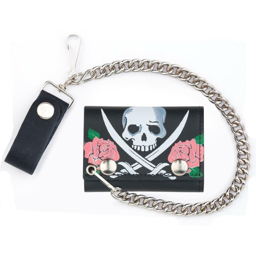 ROSES SKULL CROSSED SWORDS TRIFOLD BIKER WALLET W CHAIN mens LEATHER 598. Image 1