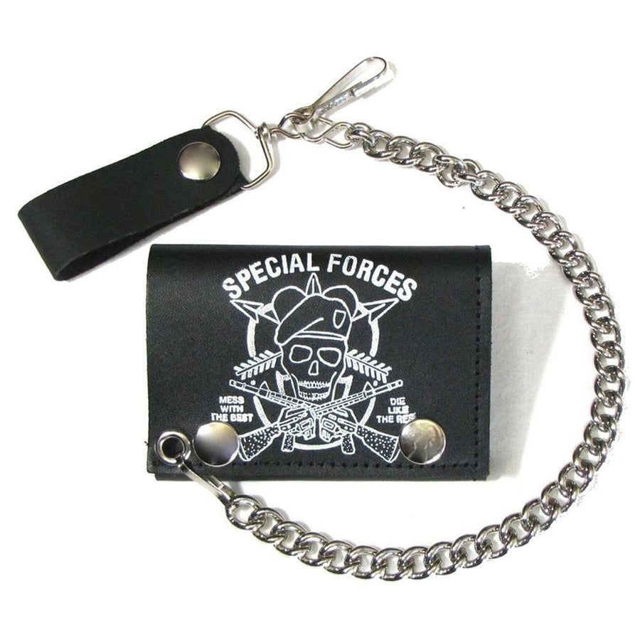 SPECIAL FORCES BLACK COLOR TRIFOLD BIKER WALLET W CHAIN mens LEATHER 597 Image 1
