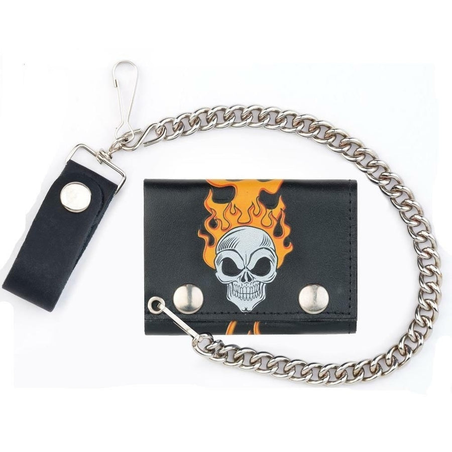 SKULL HEAD FLAMES TRIFOLD BIKER WALLET W CHAIN mens LEATHER 581 fire skulls Image 1