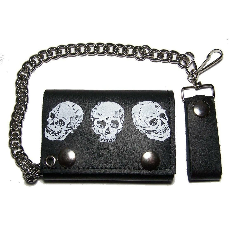 TRIPLE LARGE SKULL HEAD TRIFOLD WALLET W CHAIN mens LEATHER 671 skeleton  BIKER Image 1