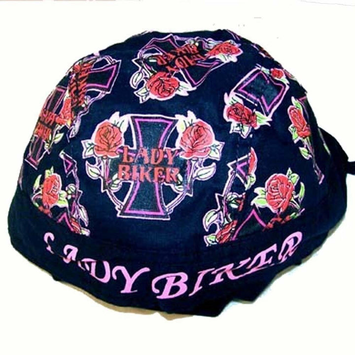 2 LADY BIKER BANDANNA CAPS 200 WOMAN hat LADIES skull cap durag cross roses Image 1