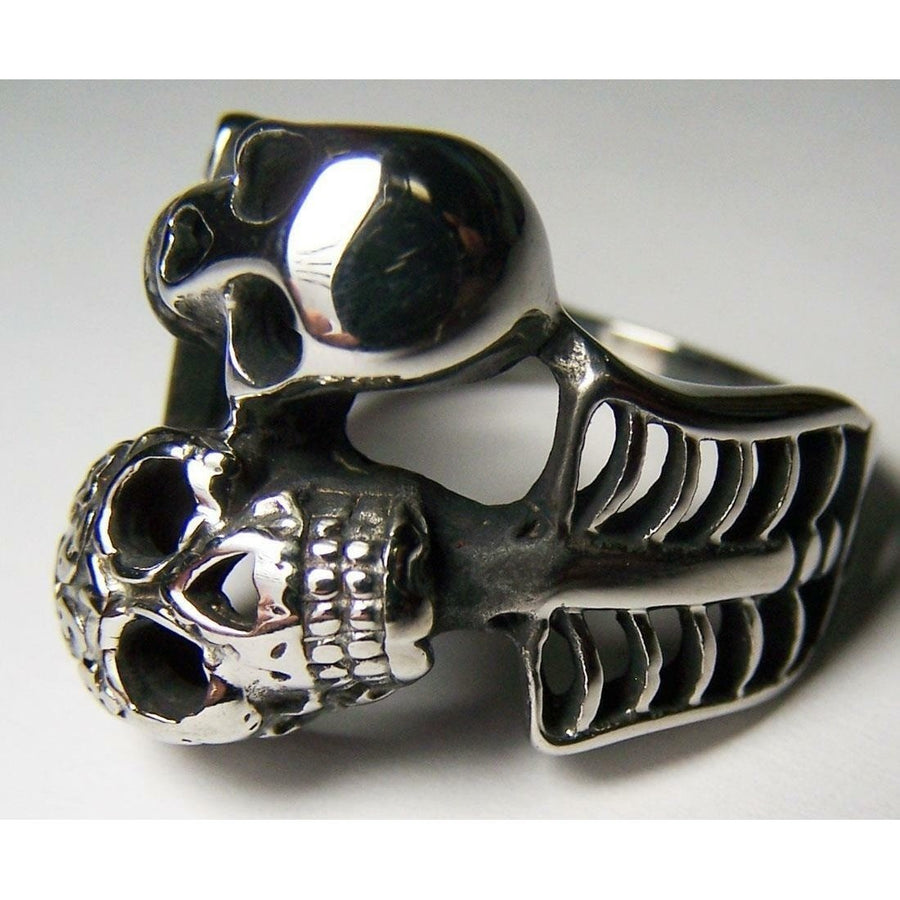 WRAPPED AROUND SKELETONS STAINLESS STEEL RING size 8 - S-552 biker bones skull Image 1