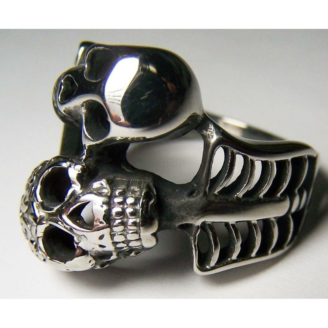 WRAPPED AROUND SKELETONS STAINLESS STEEL RING size 10 - S-552 biker bones skull Image 1