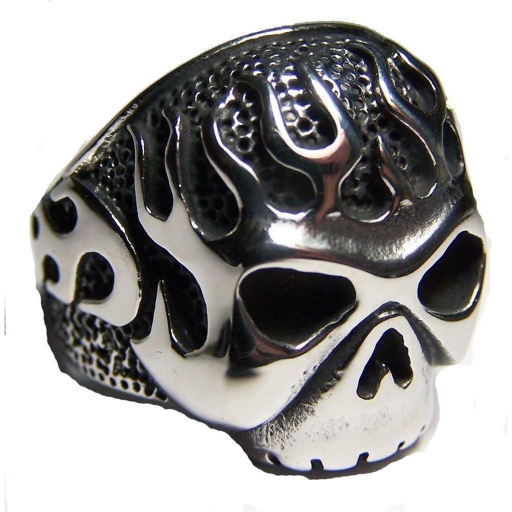 SKULL HEAD W FLAMES STAINLESS STEEL RING size 10 - S-549 biker MEN women SKULLS Image 1