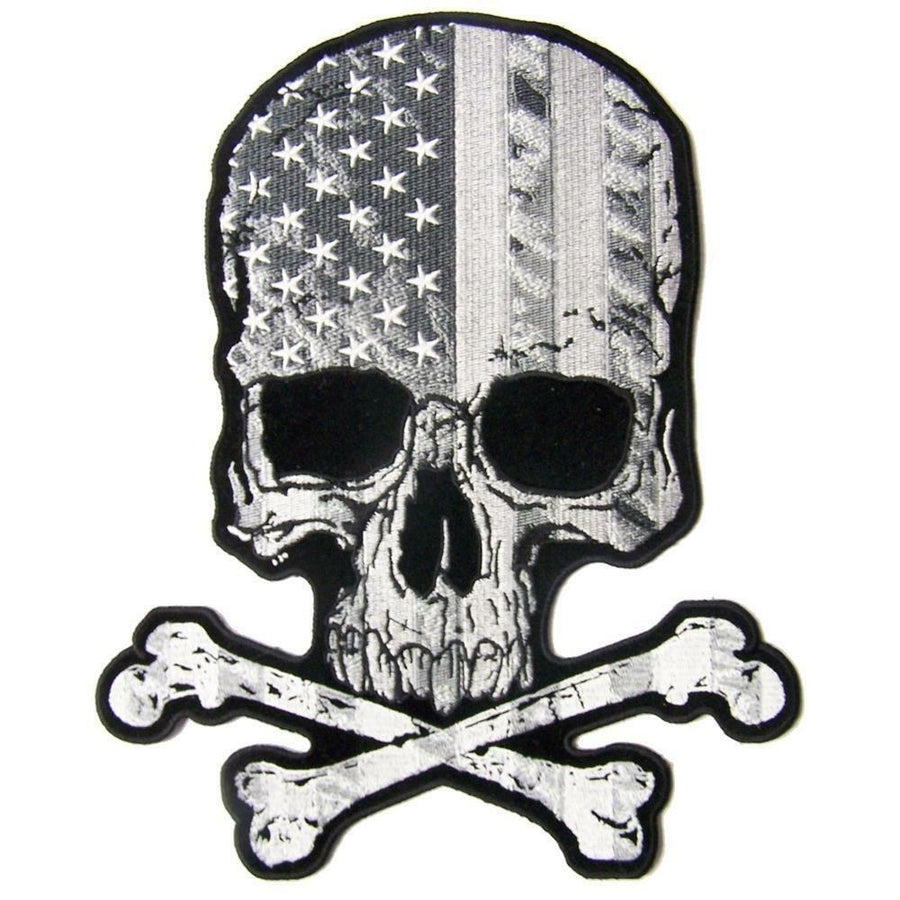 large JUMBO SKULL X BONES BLACK and WHITE USA BACK PATCH 097 EMBROIDERED 10 IN Image 1